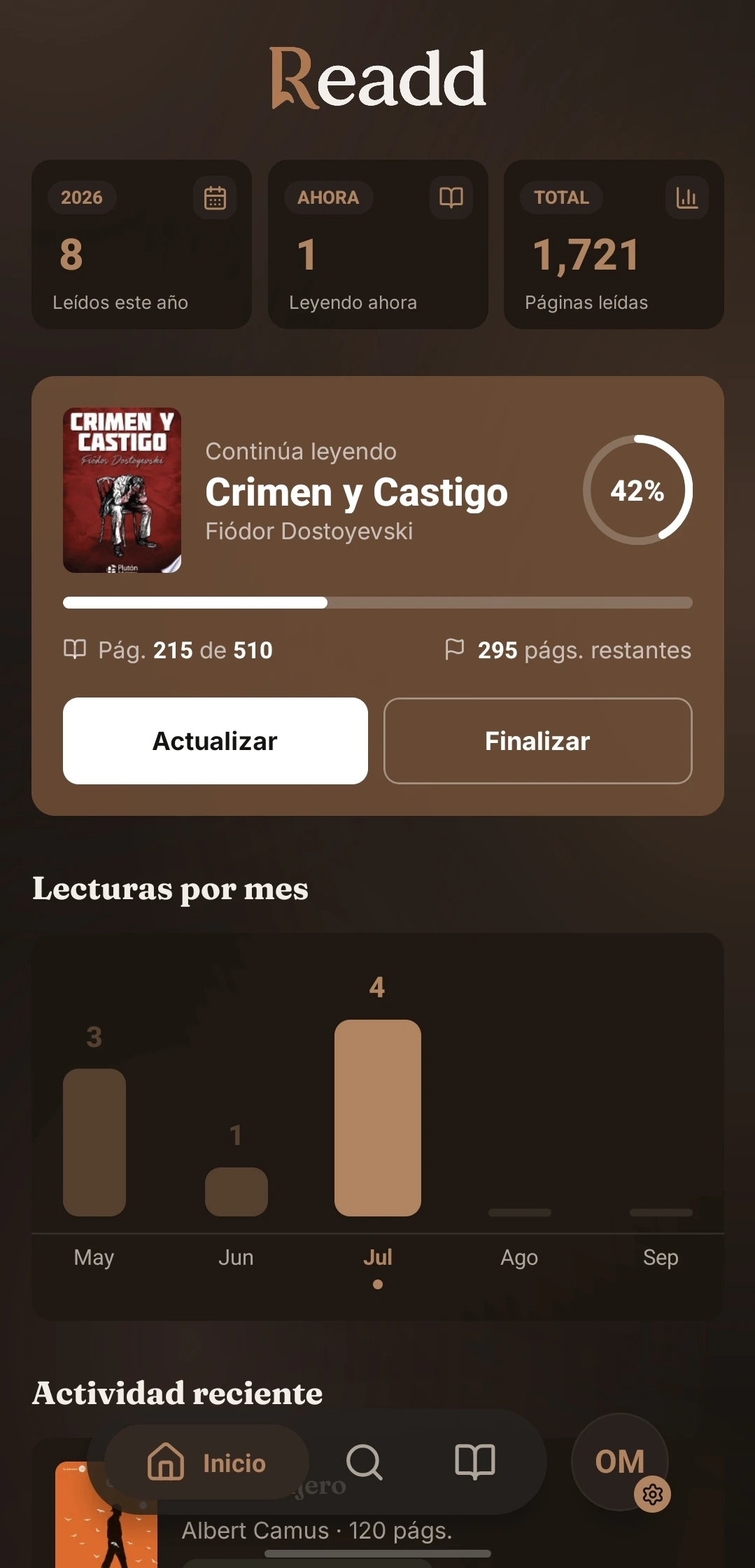 Pantalla de inicio de Readd en tema oscuro