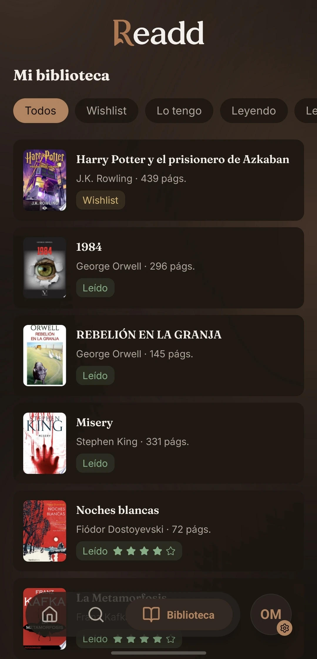 Pantalla de biblioteca de Readd en tema oscuro