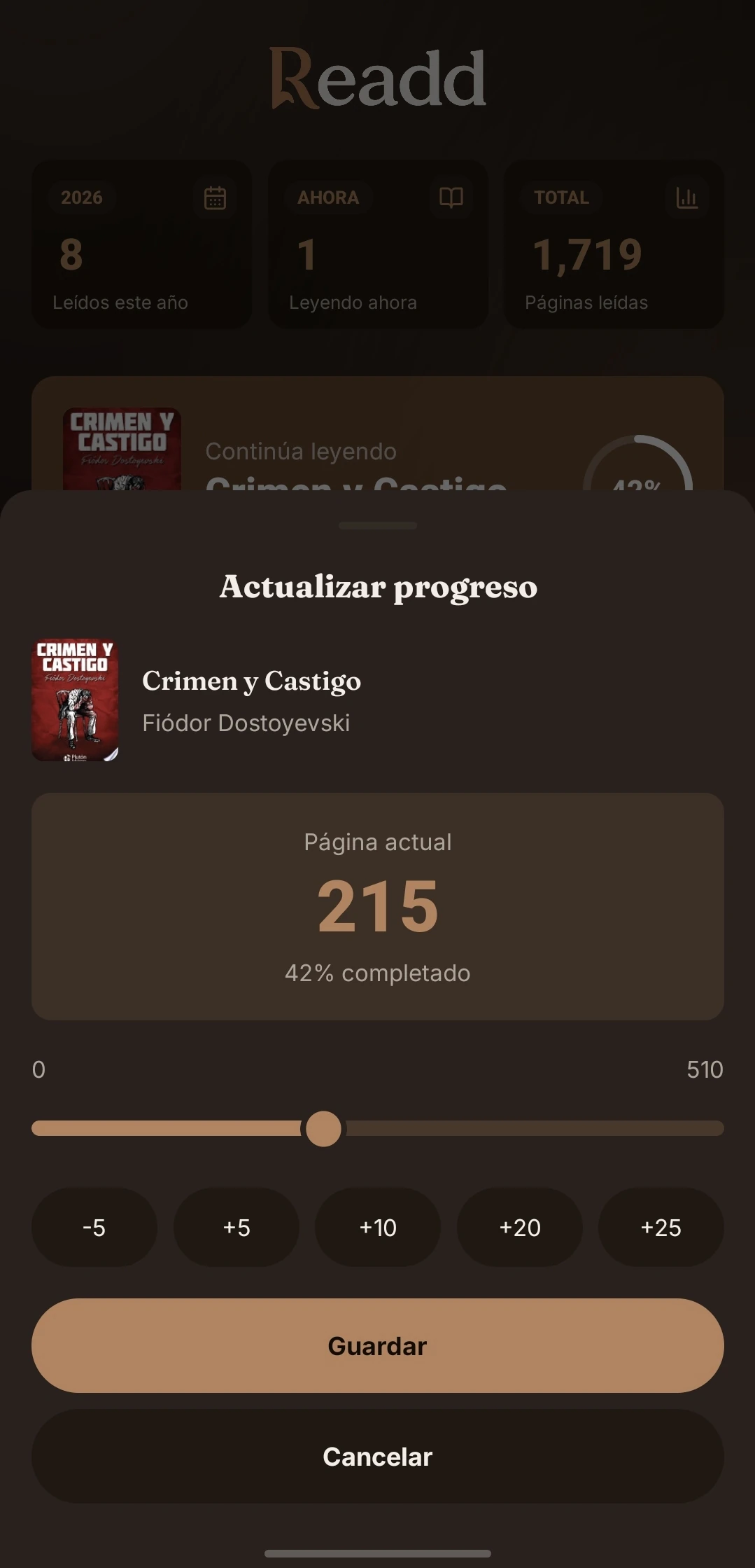 Pantalla de progreso de Readd en tema oscuro