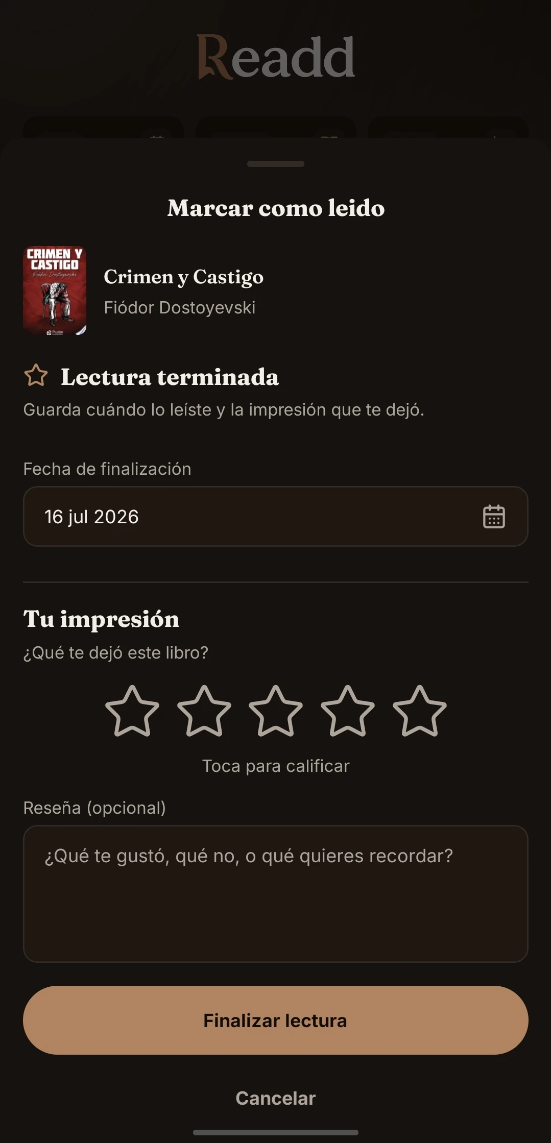 Pantalla de reseña de Readd en tema oscuro