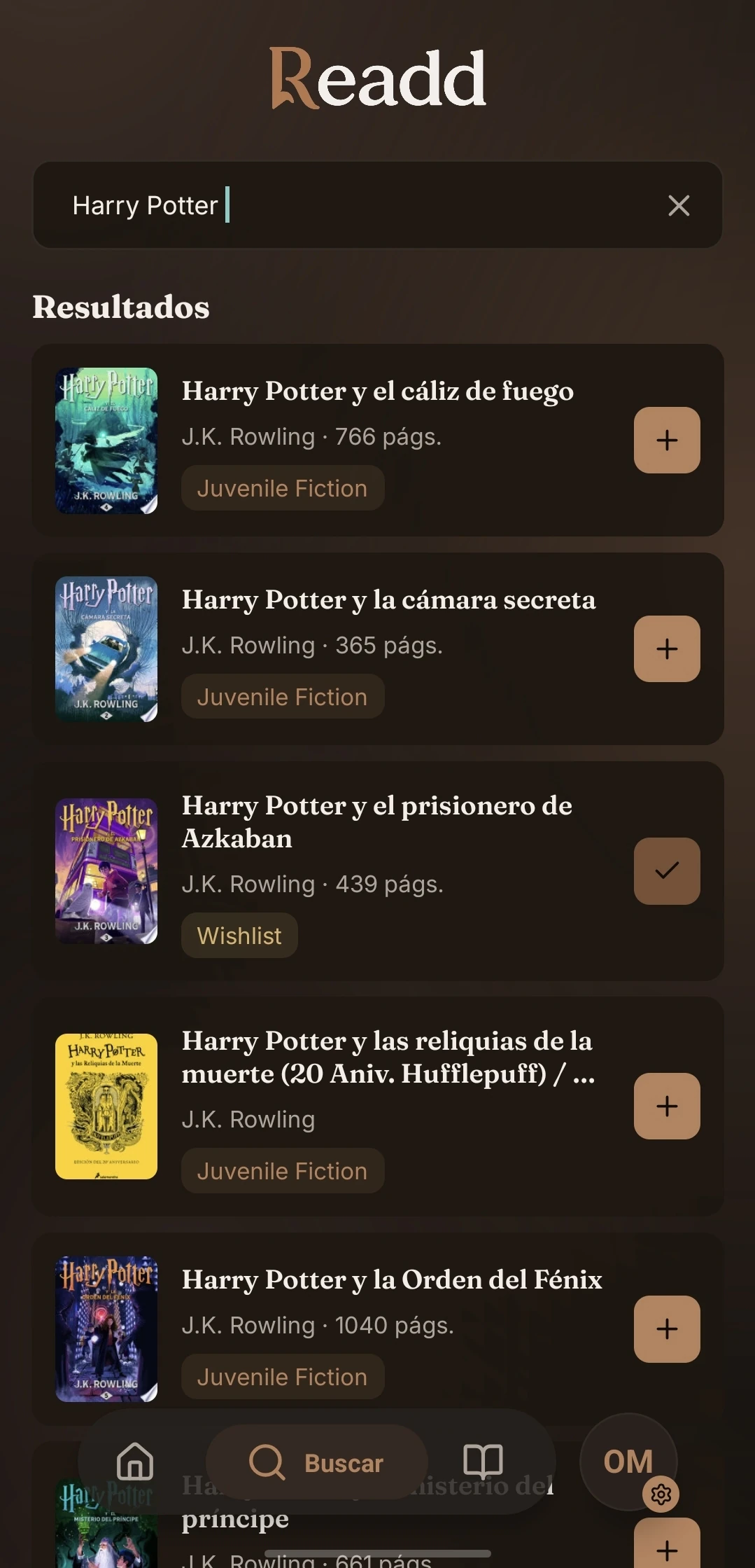 Pantalla de búsqueda de Readd en tema oscuro