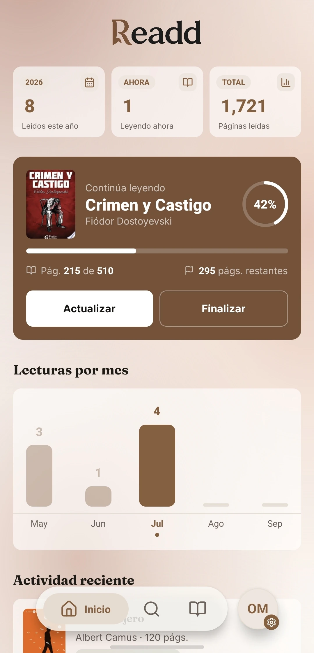 Pantalla de inicio de Readd en tema claro