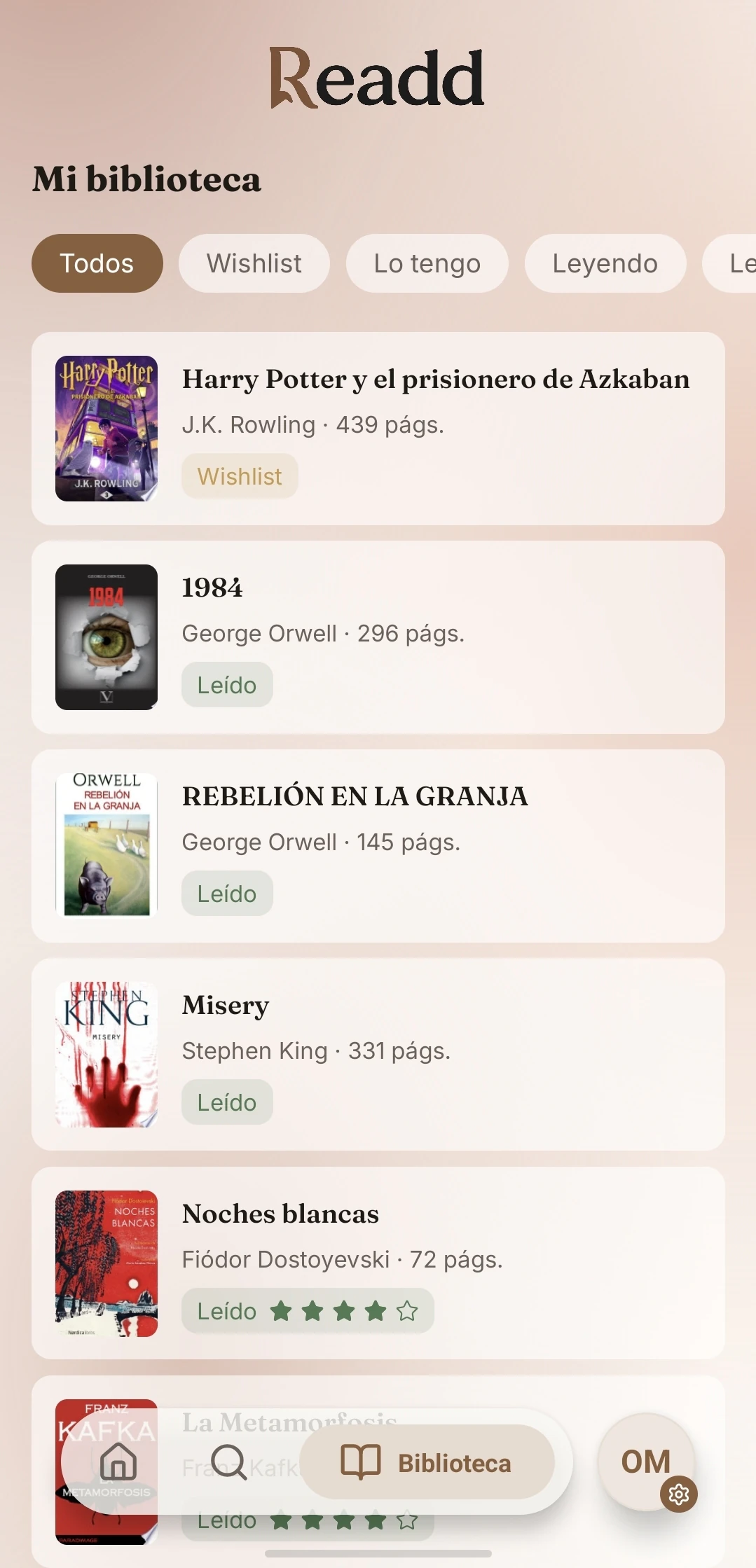 Pantalla de biblioteca de Readd en tema claro