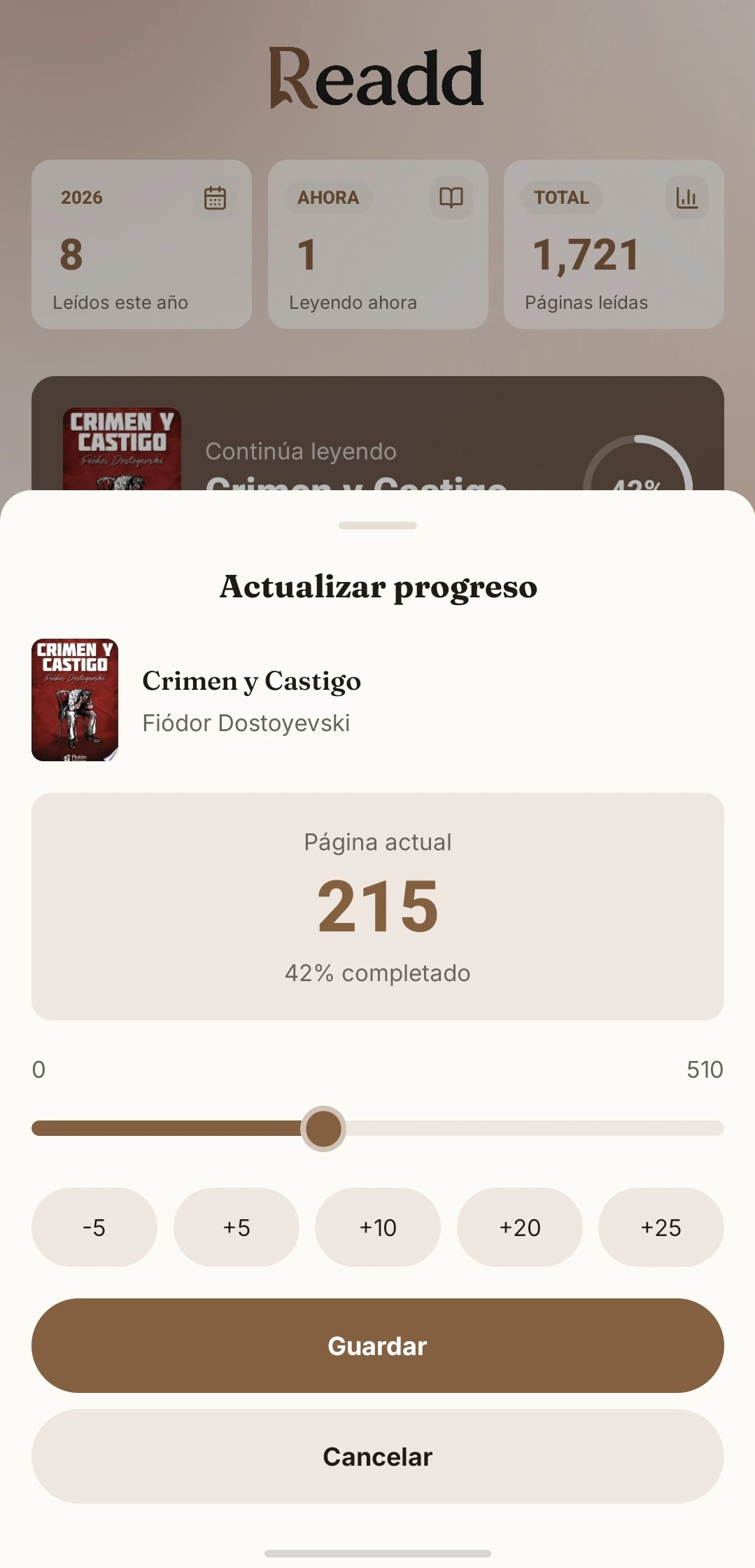 Pantalla de progreso de Readd en tema claro