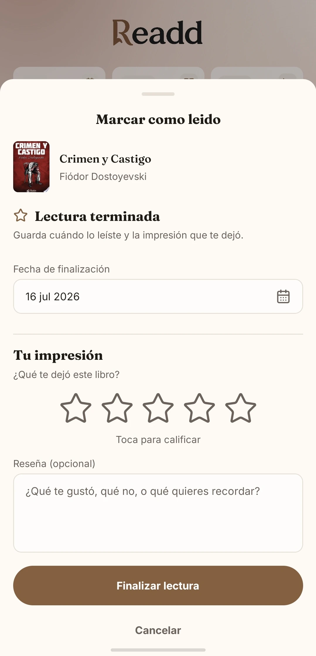 Pantalla de reseña de Readd en tema claro