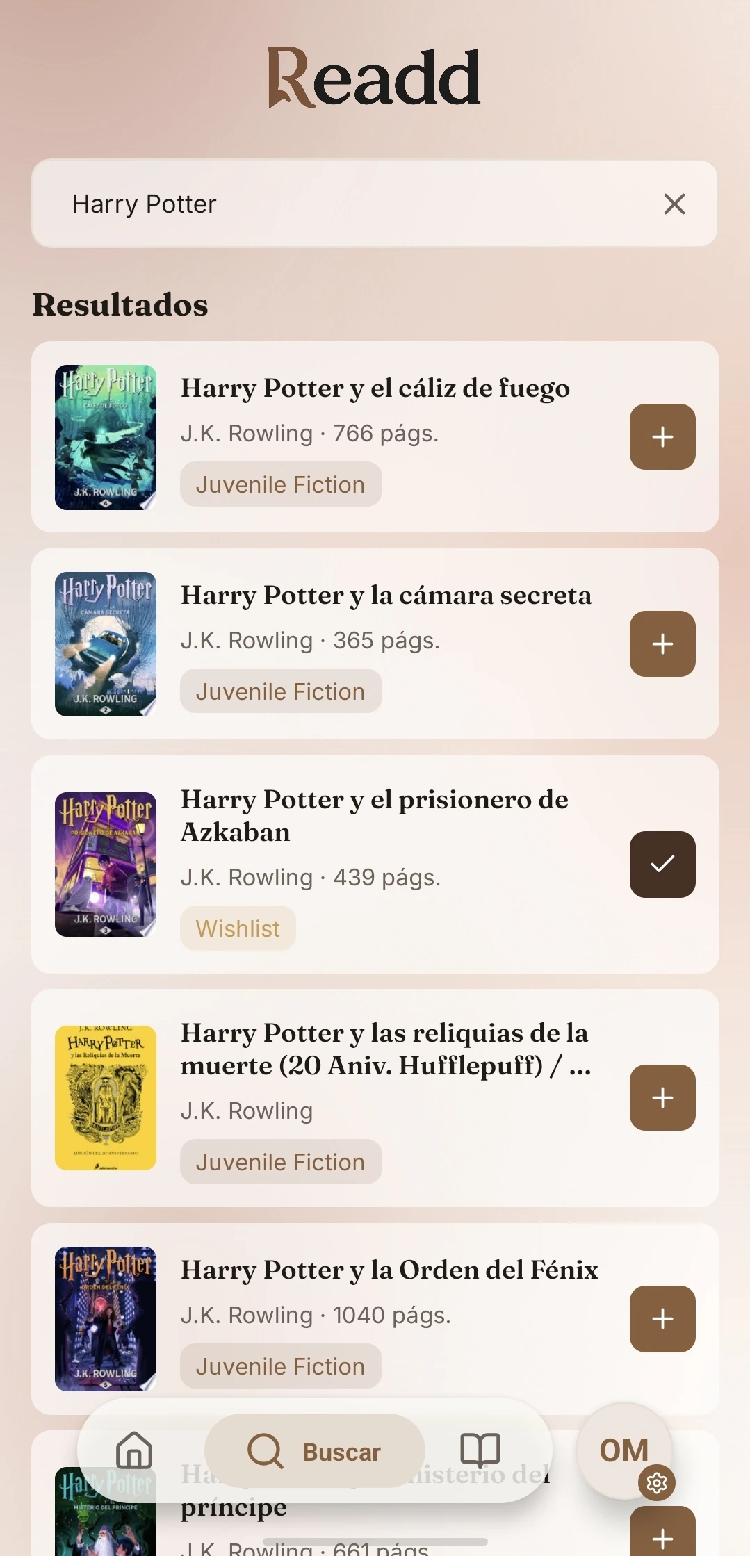 Pantalla de búsqueda de Readd en tema claro